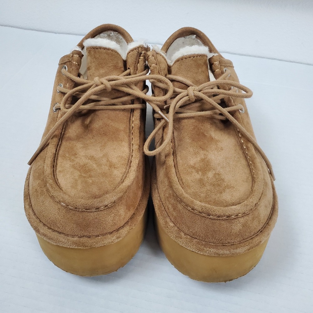 Madden Girl Tan Faux Suede Platform Lace Up Faux Shearling Loafers Womens 9